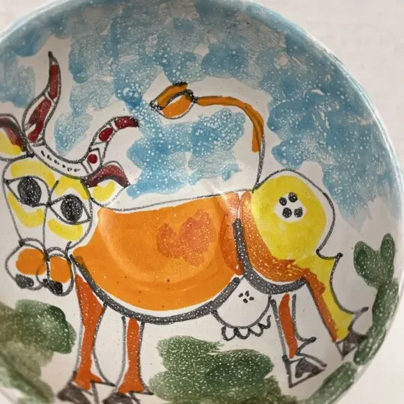 Desimone Italy Pottery Bowl Vintage MCM Hand Painted Cow Art 6.25 Inch - Picture 3 of 11